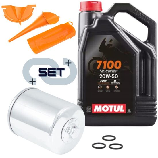 Motul 7100 4T 20W50 4L eļļa ar K&N® premium eļļas filtru (hromēts) un piltuvju komplektu